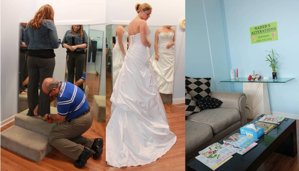 A bride being fitted in her gown at Nader's Alterations